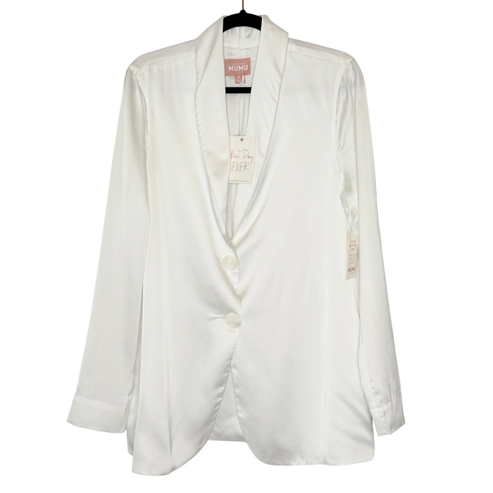 MUMU Weddings Felix Blazer White Satin Shawl Collar Single Button Size XL NWT - Picture 2 of 16